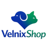 Velnix Shop logo with a blue and green cat and dog icon on a white background.